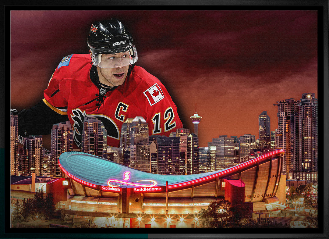 Jarome Iginla 20x29 Framed Canvas Flames Skyline