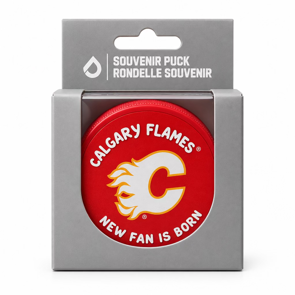Flames Boxed New Fan is Born Puck